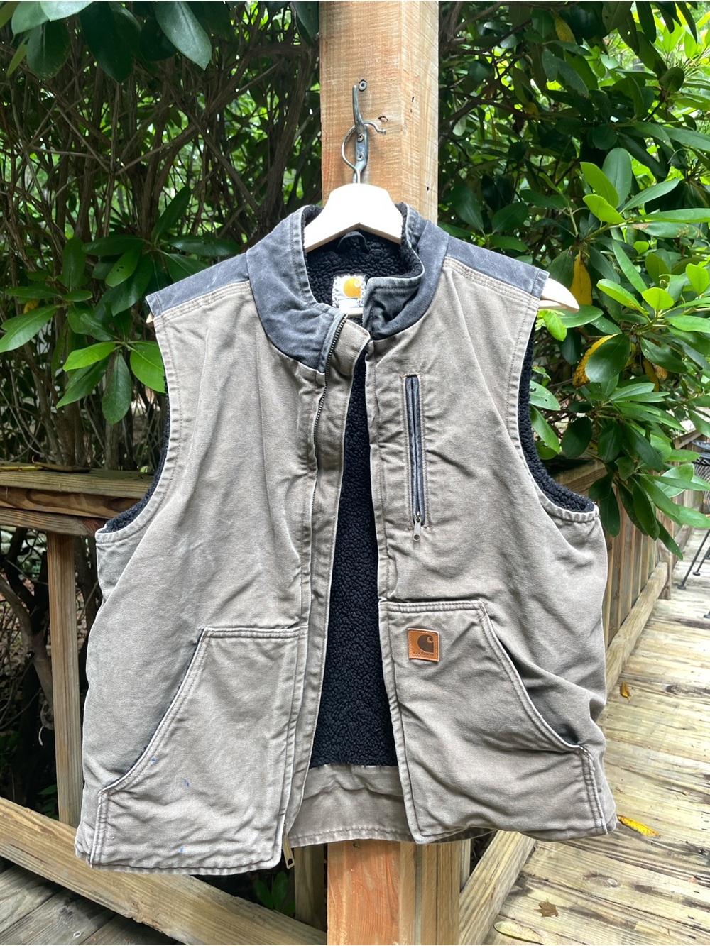 Carhartt Brown Canvas Sherpa-Lined Work Vest with Dark Gray Collar